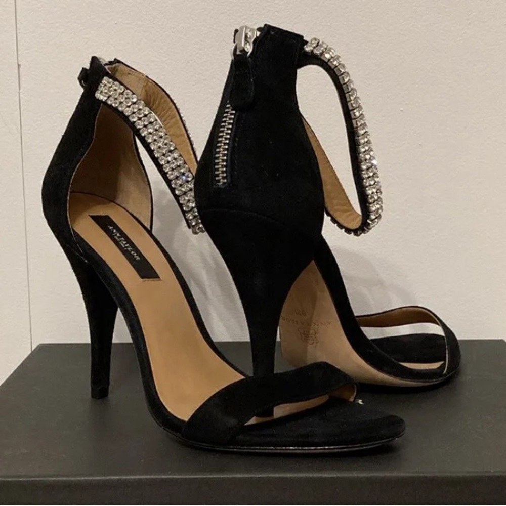 Ann Taylor Katrina Rhinestone Ankle Black High Heel Open Toe Sandal Size 8.5